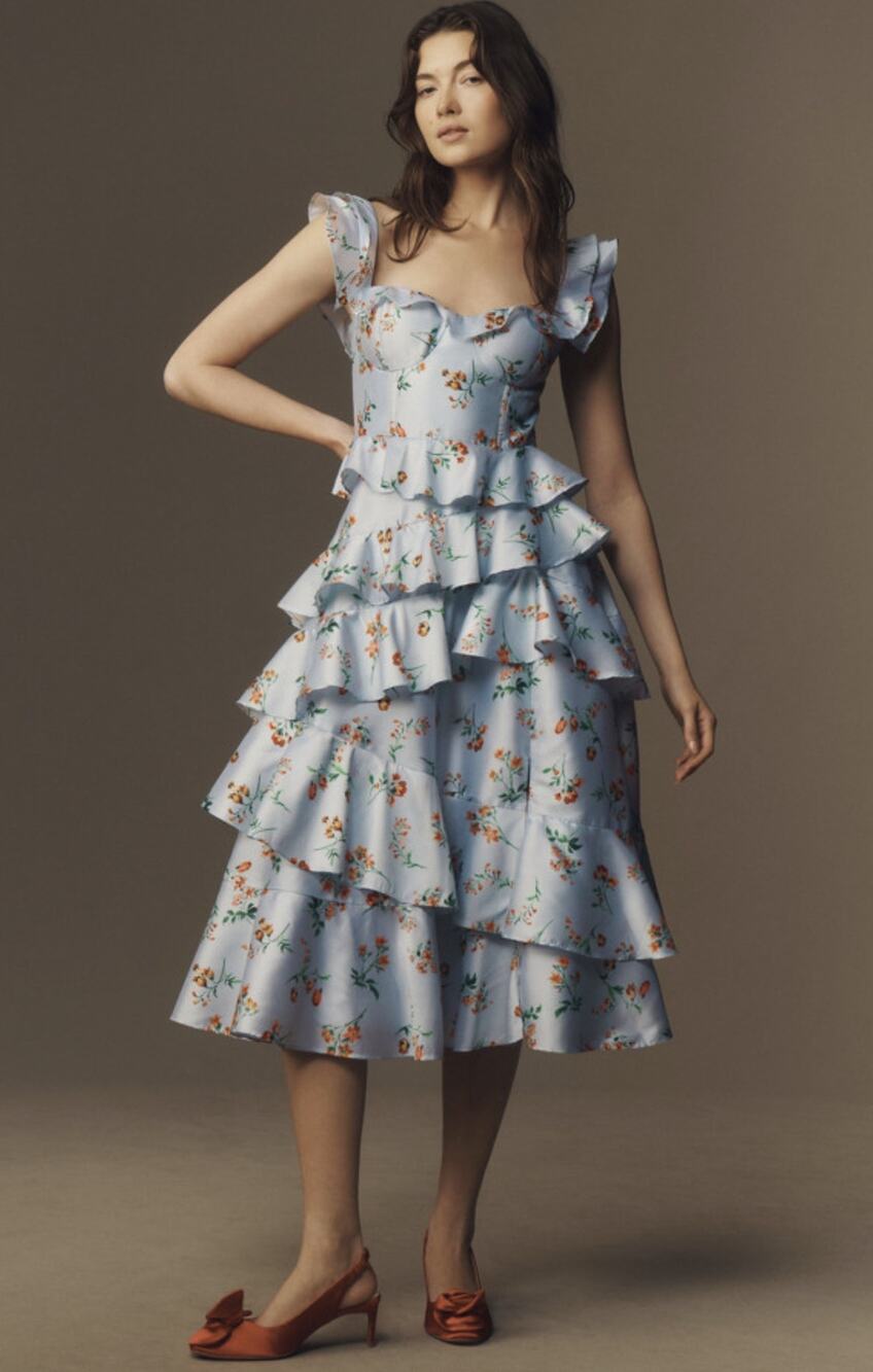 Anthropologie BHLDN Sydney Corset Fit-and-Flare Taffeta Midi Dress